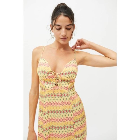 Yellow Printed Mariah Lace-Up Midi Slip Dress | Urban Outfitters | NWT - Picture 6 of 10